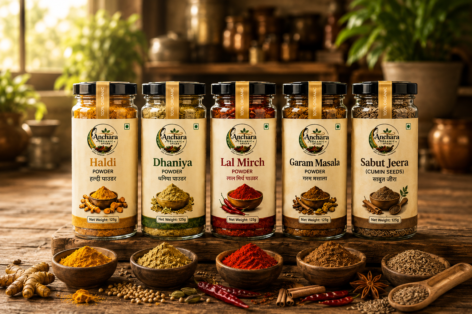 Five jars of Anchura spices arranged on a rustic wooden table with bowls of whole and ground spices in front. The jars include Haldi Powder, Dhaniya Powder, Lal Mirch Powder, Garam Masala, and Sabut Jeera.